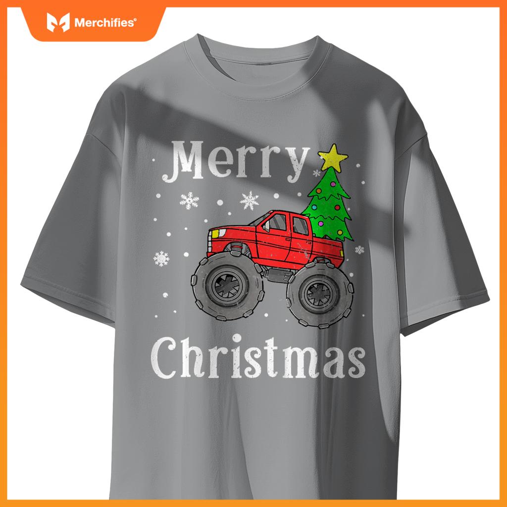 Kids Boys Monster Truck Merry Christmas Tree Snowflakes T-Shirt