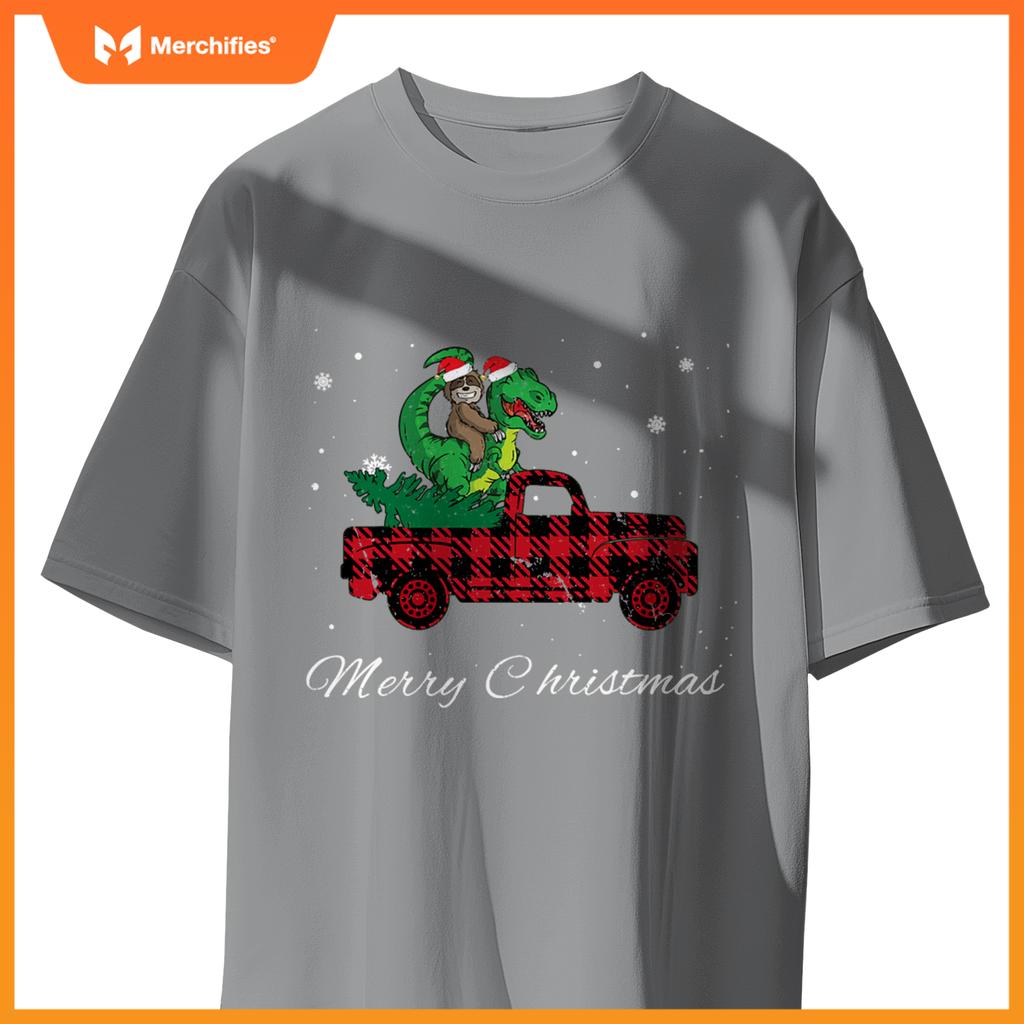 Merry Christmas Red Plaid Truck With Sloth Riding Dinosaur T-Shirt