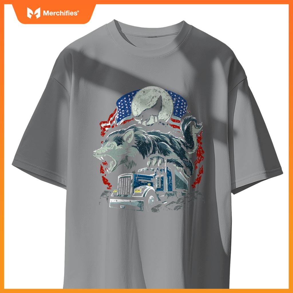 Mens Usa Flag Truck Howling Wolf American Patriotic Trucker T-Shirt