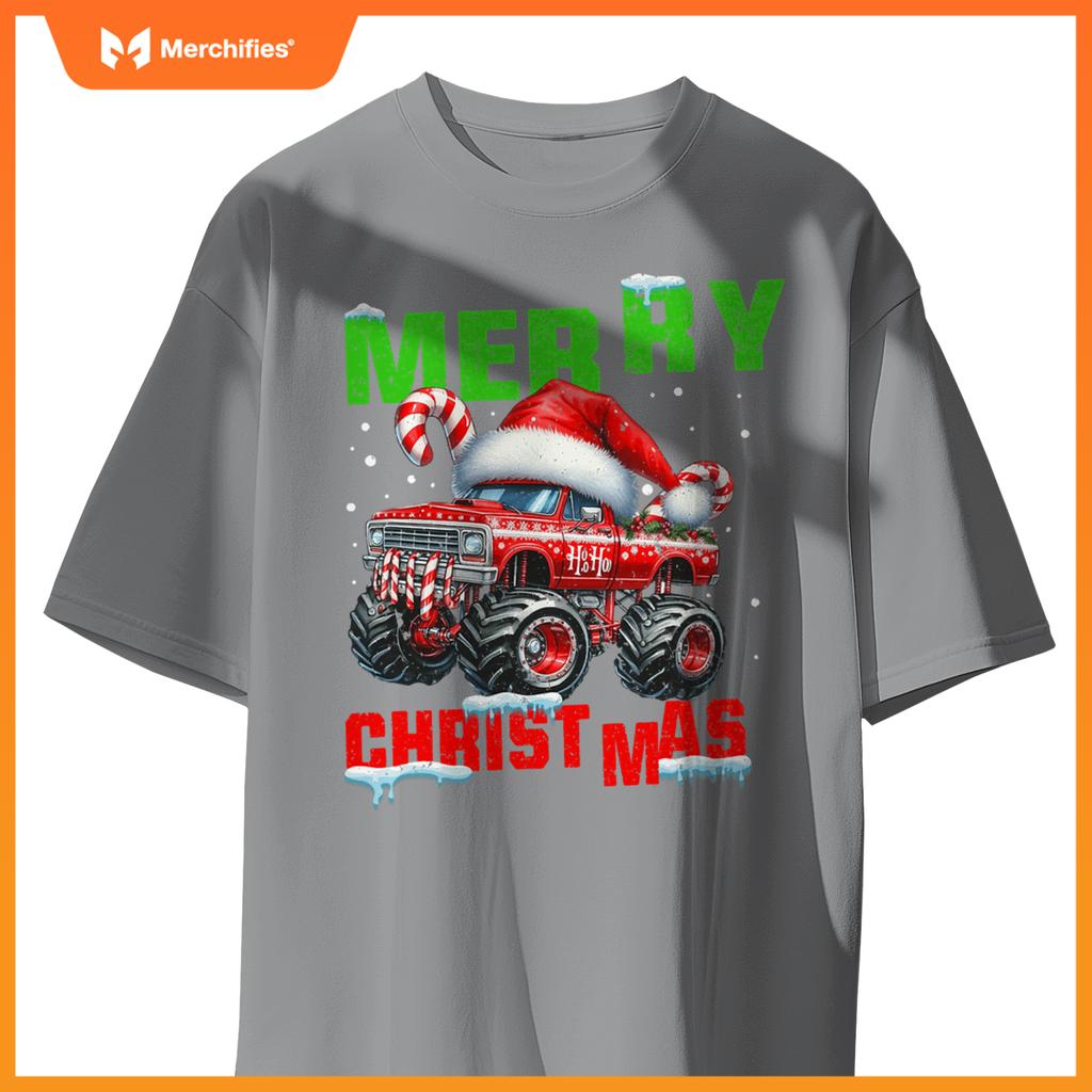 Merry Christmas Monster Truck Xmas Santa Hat Boys Kids T-Shirt