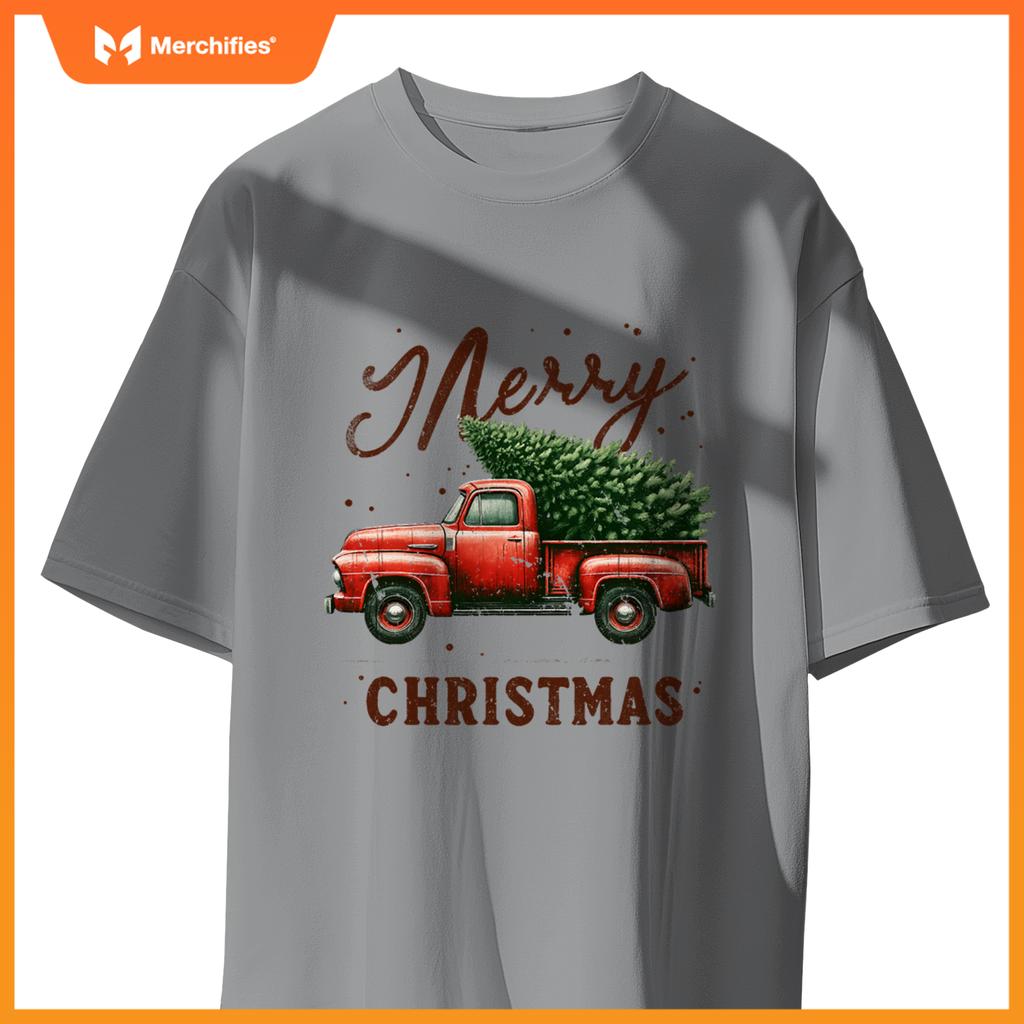 Merry Christmas Tree on Red Truck Wagon Vintage Christmas T-Shirt
