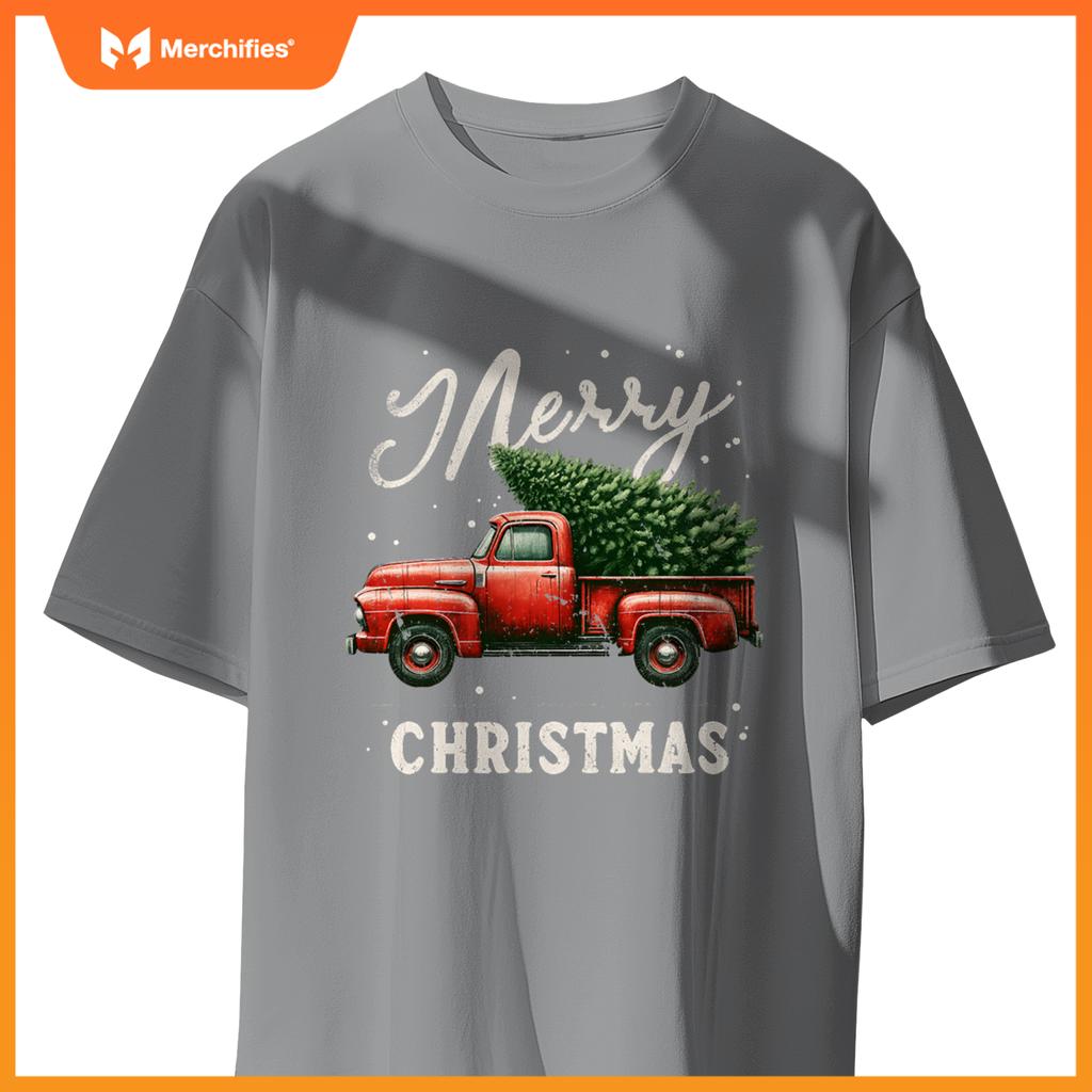 Merry Christmas Tree On Red Truck Wagon Xmas T-Shirt