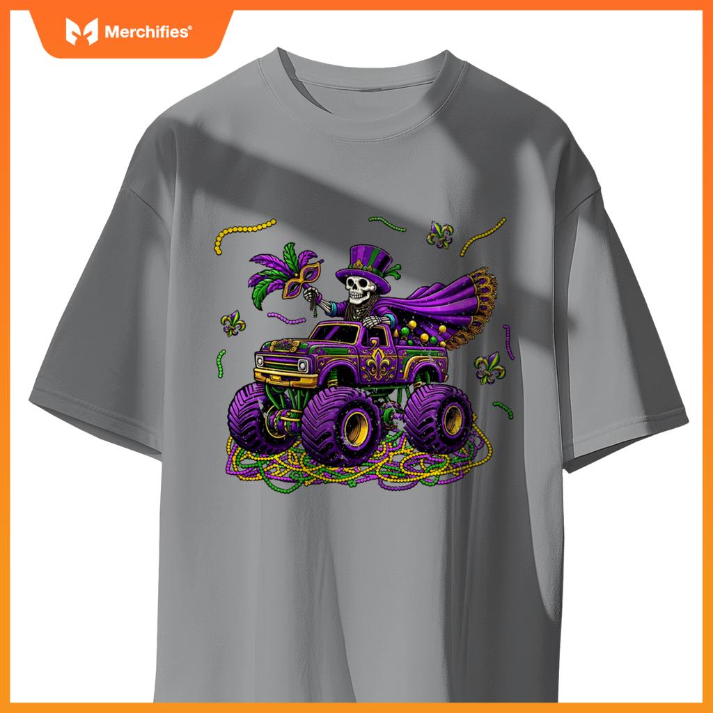 Mardi Gras Monstser Truck Skeleton Beads Mask Carnival T-Shirt