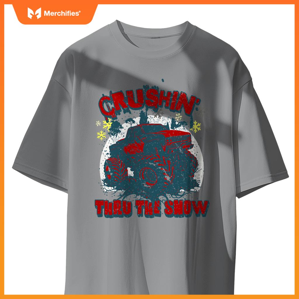 Monster Truck Crushin Thru Snow Winter Boys Man T-Shirt