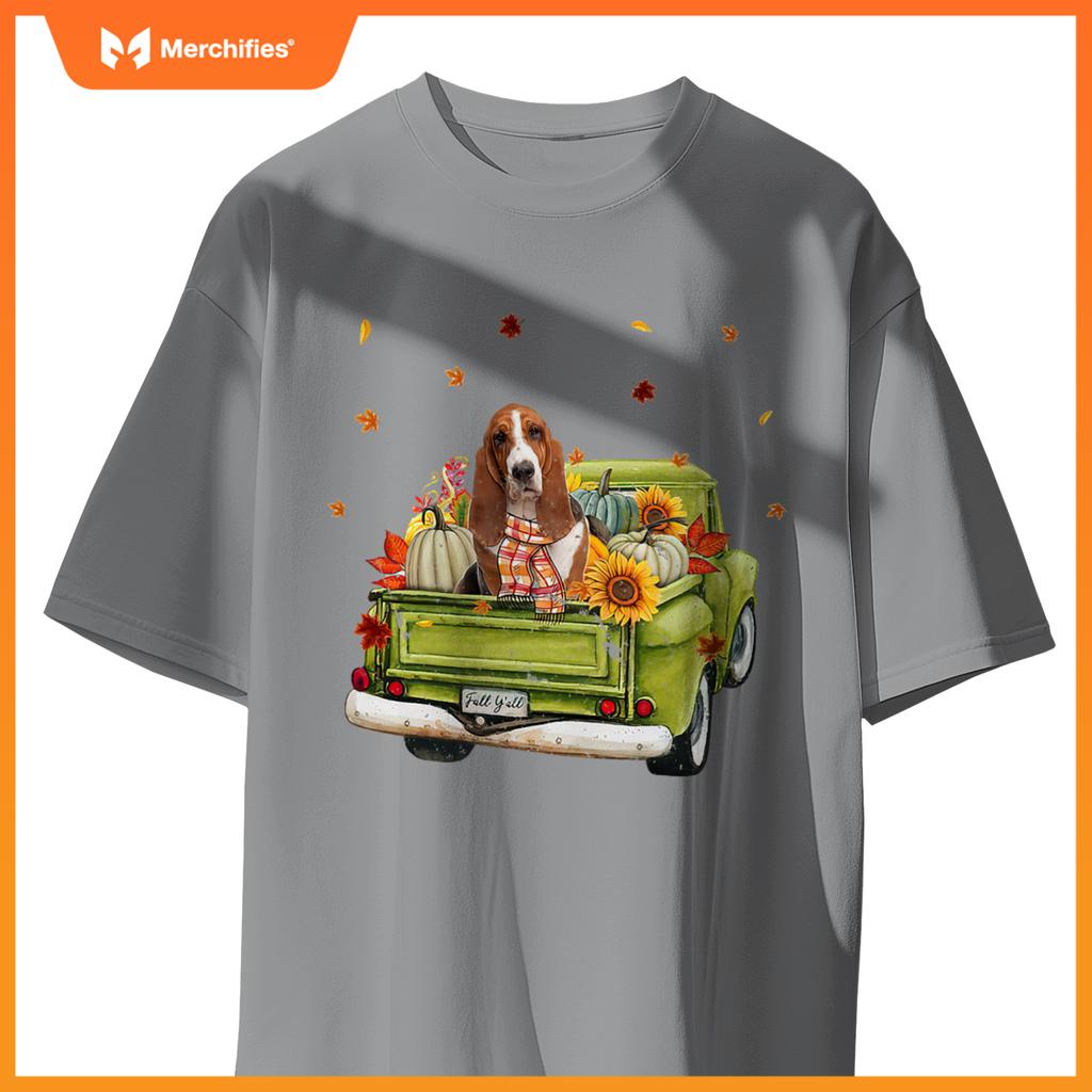 Happy Fall Yall Basset Hound Dog On Truck Pumpkin Fall T-Shirt