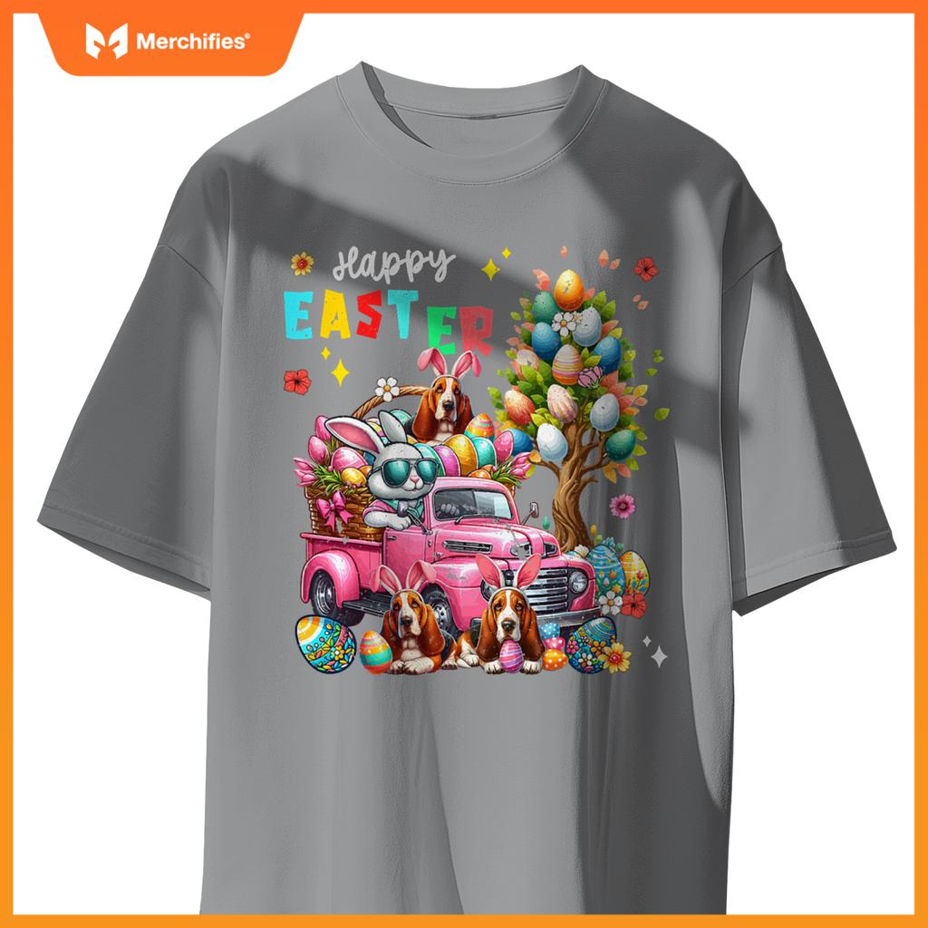 Happy Easter Three Cute Bunny Basset Hounds On Pickup Truck T-Shirt