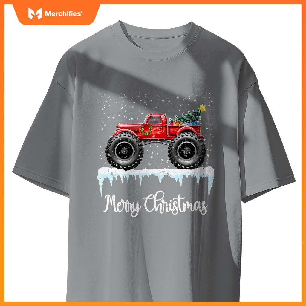 Merry Christmas Red Monster Truck Old Fashioned Xmas T-Shirt