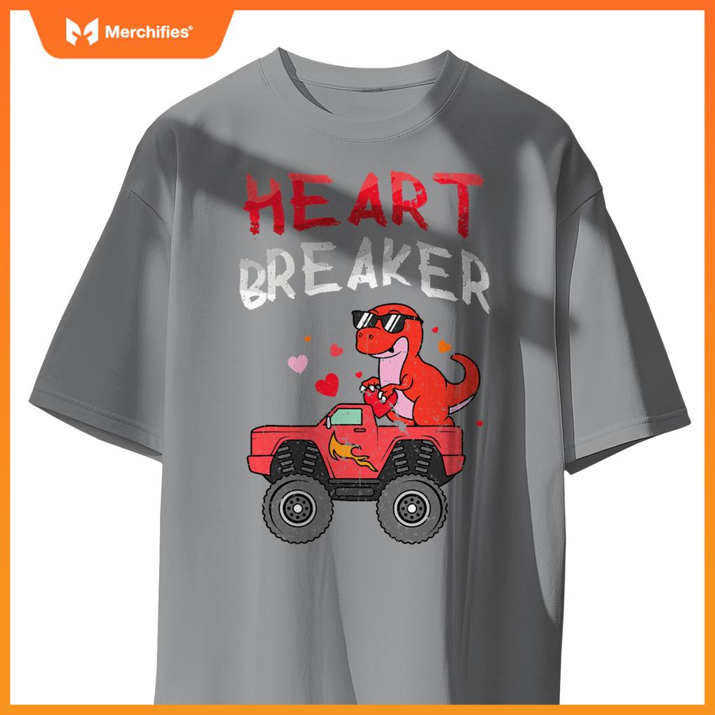 Kids Dinosaur Monster Truck Break Hearts Happy Valentines T-Shirt