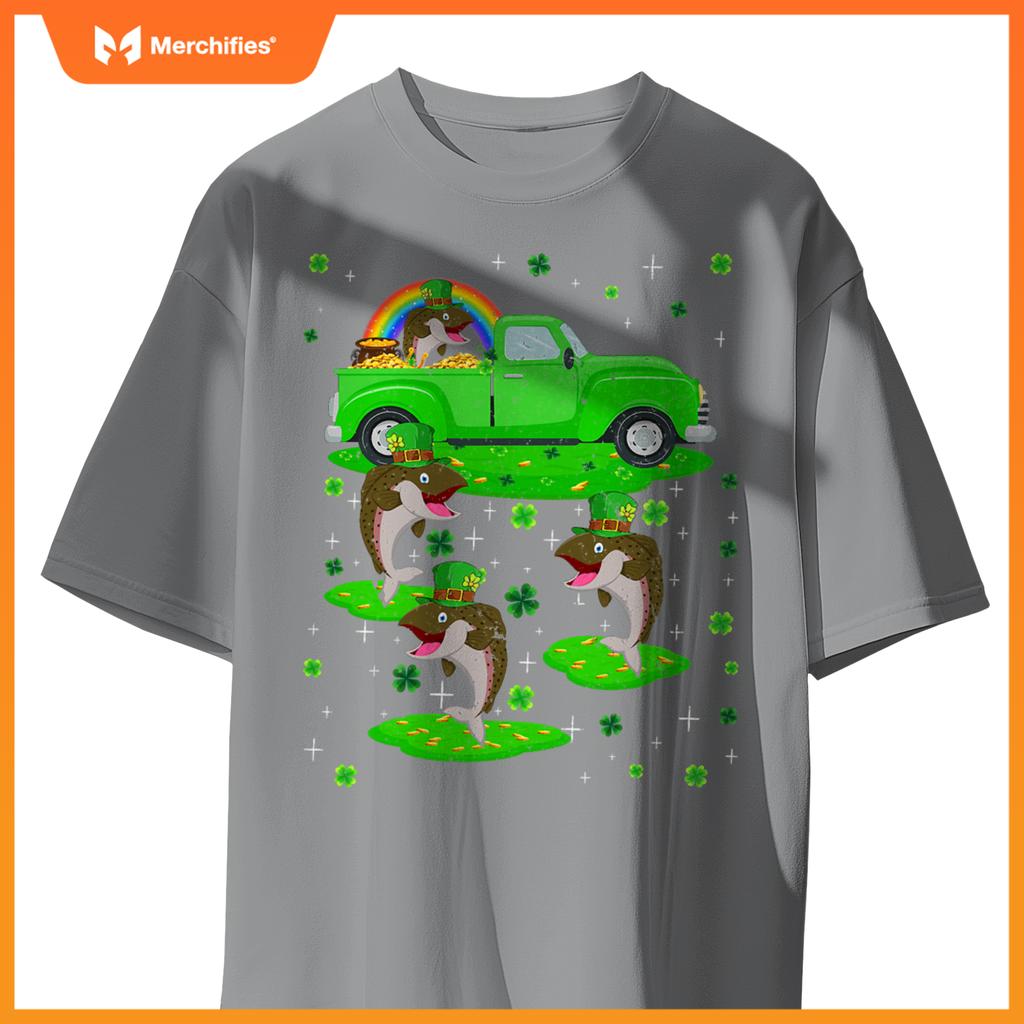Irish Shamrock Green Truck On Salmon Fish St Patricks Day T-Shirt