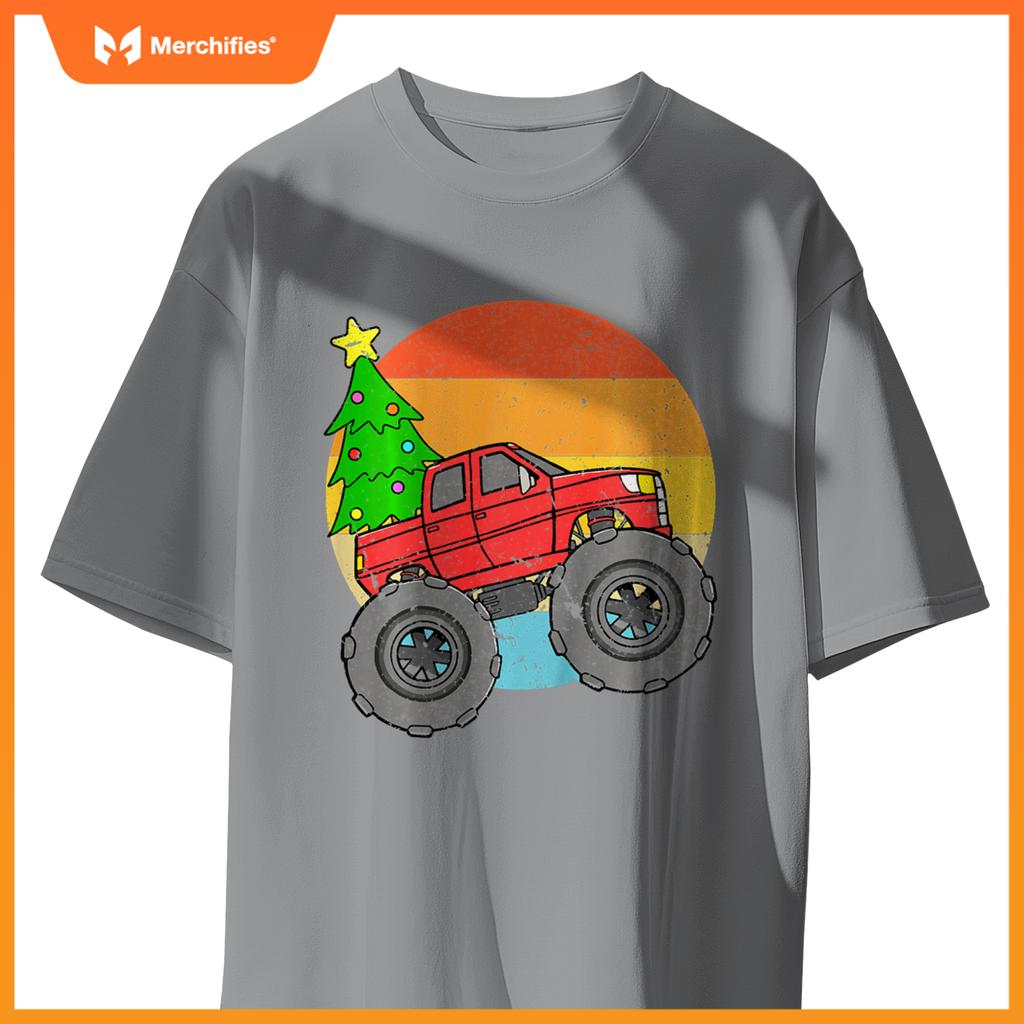 Kids Vintage Sunset Christmas Tree Monster Truck Retro Boys Girls T-Shirt