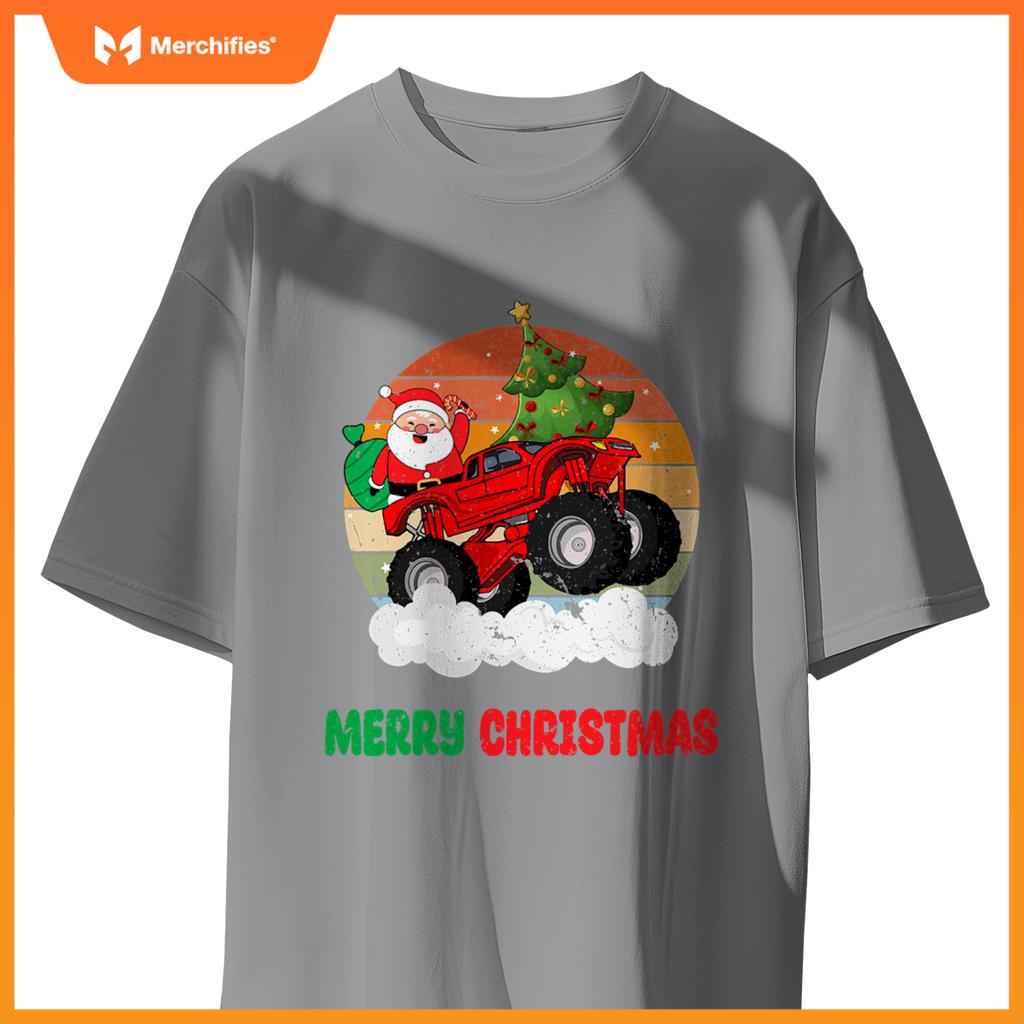 Kids Merry Xmas Santa Monster Truck Christmas Tree Light T-Shirt