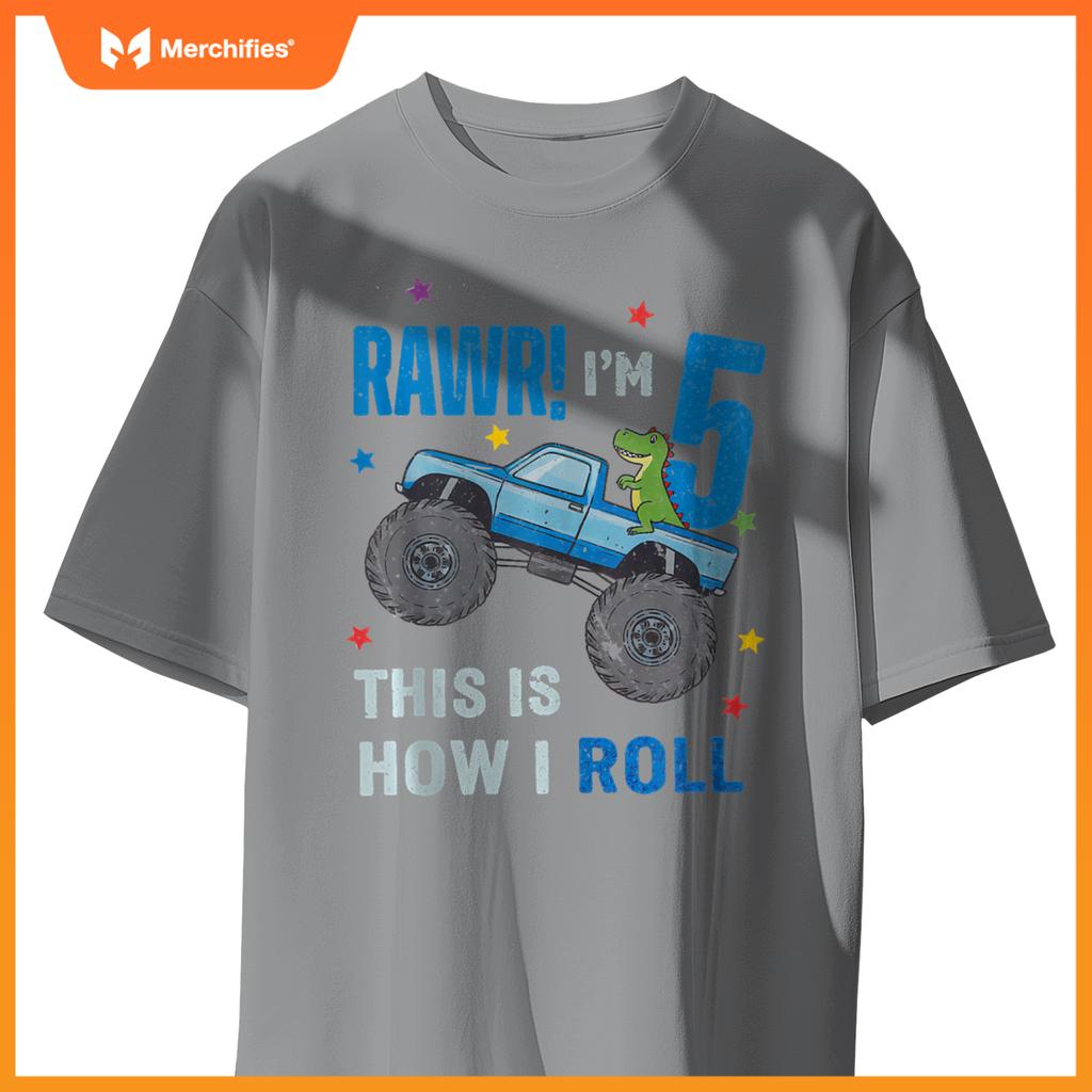 Monster Truck 5 Year Old 5th Birthday Party Trex Dinosaur T-Shirt