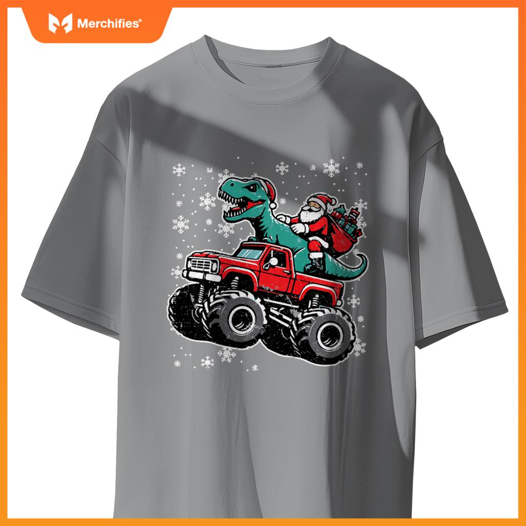 Kids Christmas Monster Truck Dino Santa Xmas Toddler Boys Kids T-Shirt
