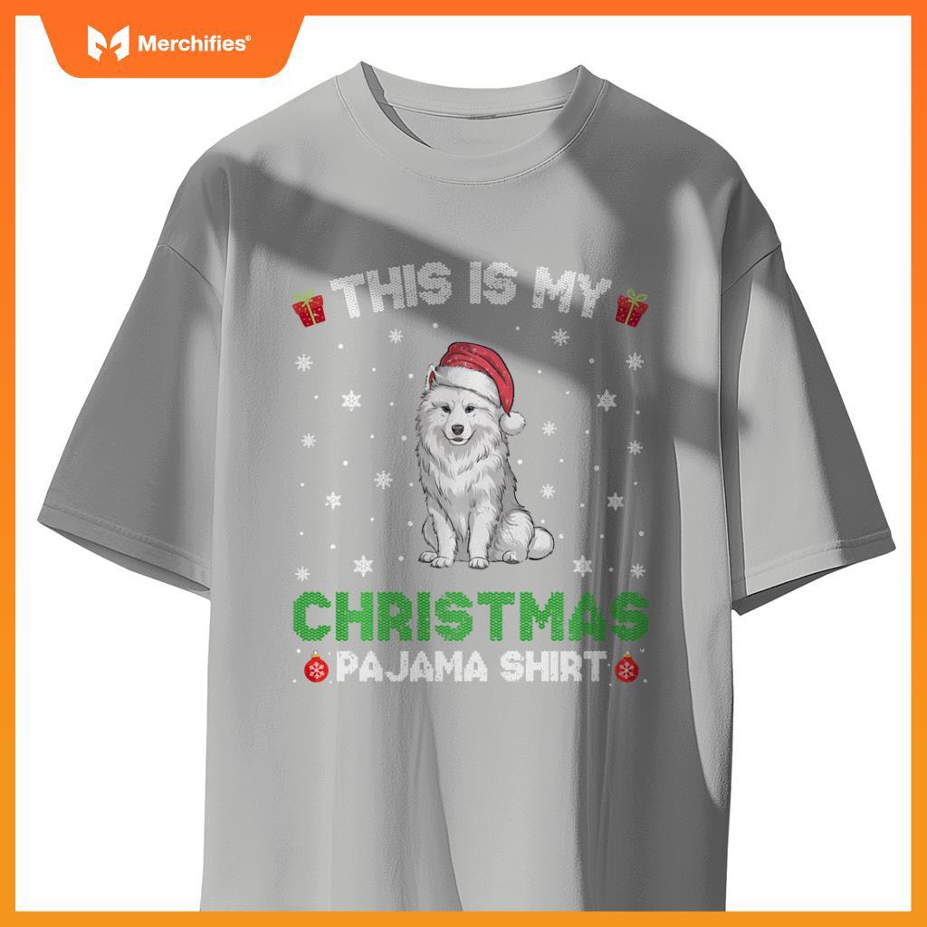 Samoyed Dog Wearing Santa Hat Matching Christmas Pajama T-Shirt