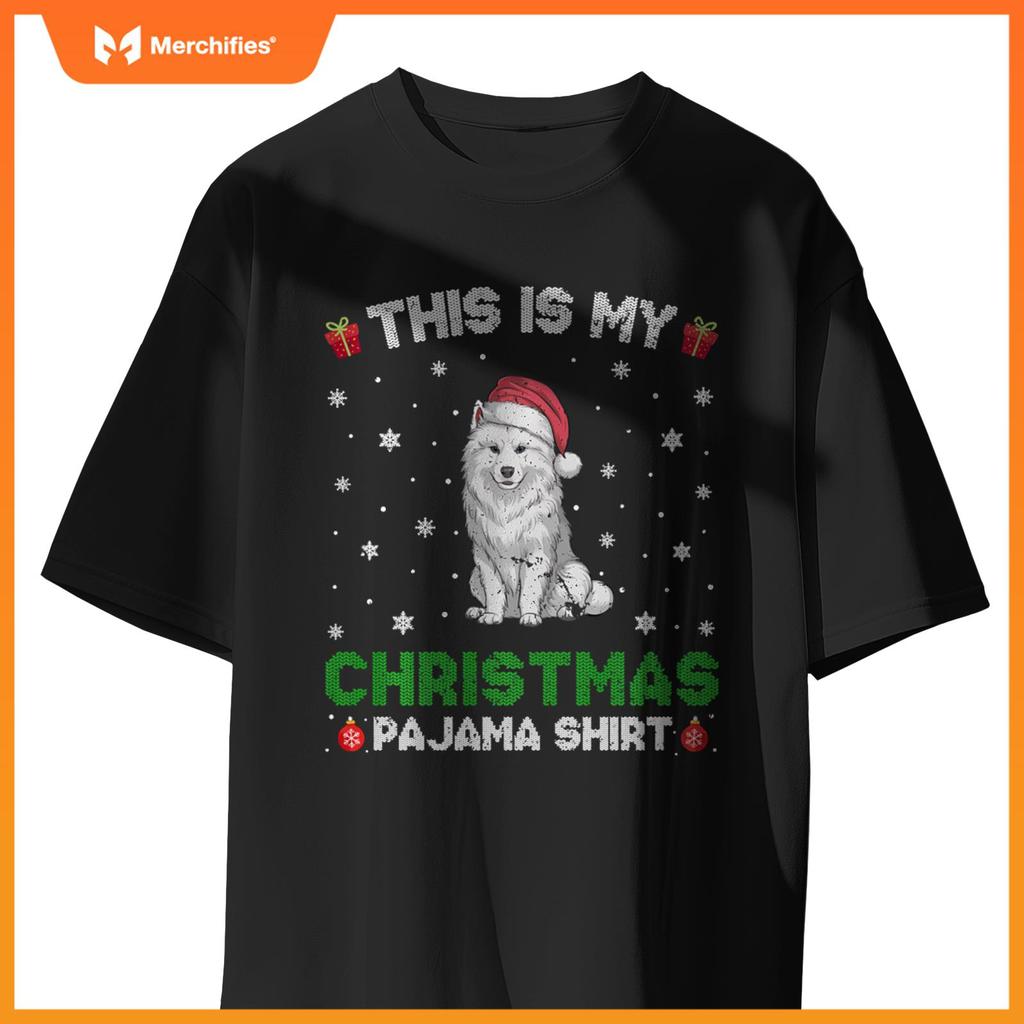 Samoyed Dog Wearing Santa Hat Matching Christmas Pajama T-Shirt