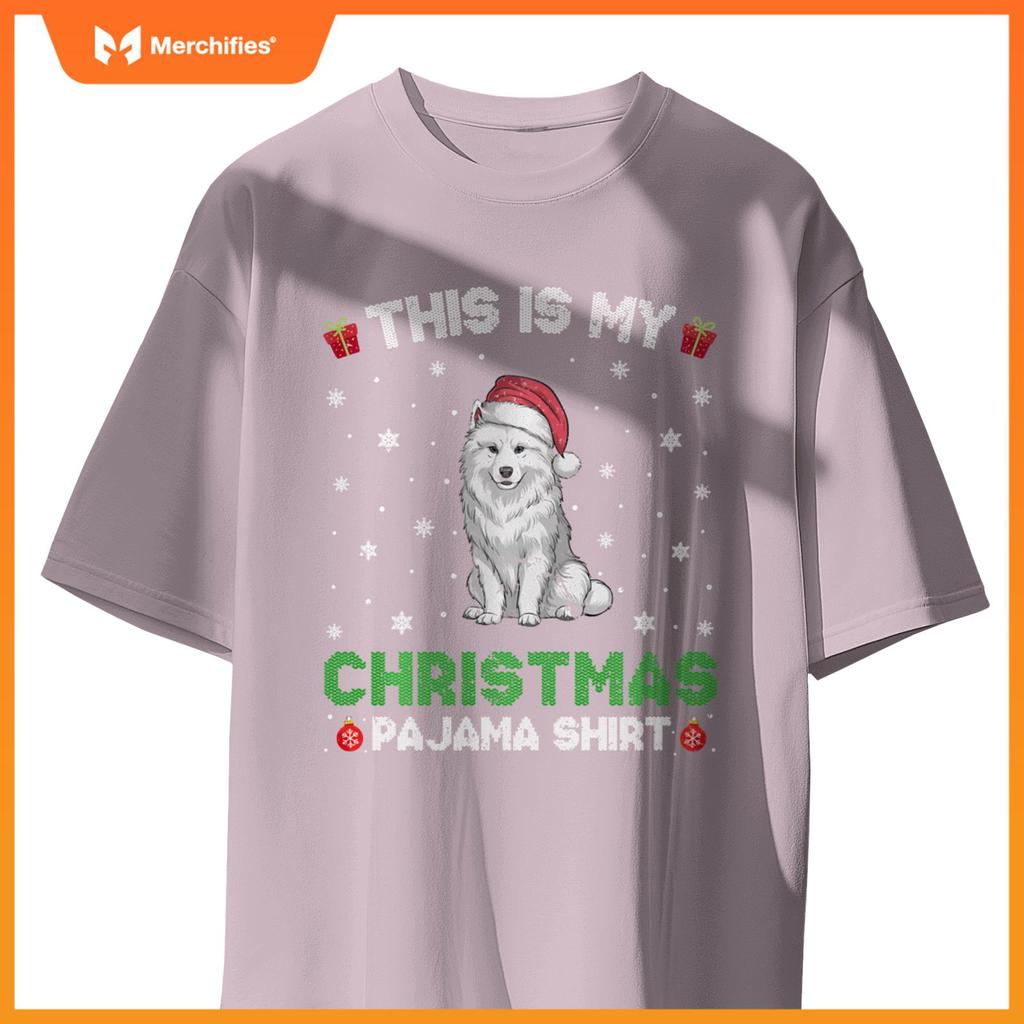 Samoyed Dog Wearing Santa Hat Matching Christmas Pajama T-Shirt