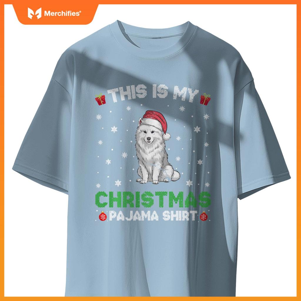 Samoyed Dog Wearing Santa Hat Matching Christmas Pajama T-Shirt