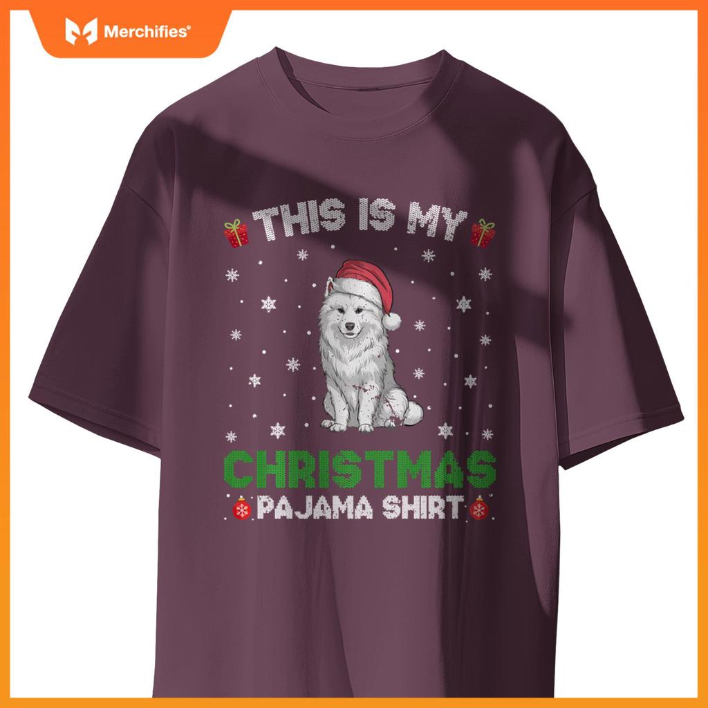 Samoyed Dog Wearing Santa Hat Matching Christmas Pajama T-Shirt