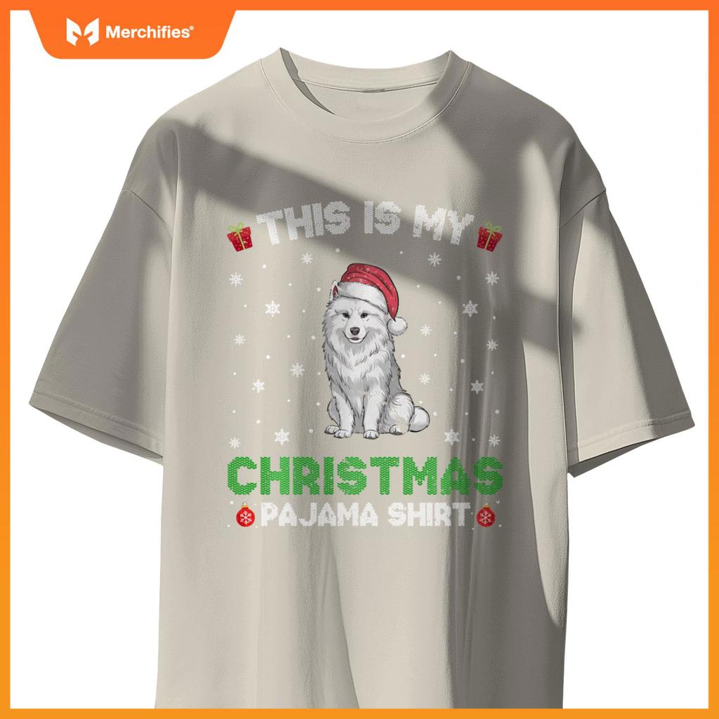 Samoyed Dog Wearing Santa Hat Matching Christmas Pajama T-Shirt
