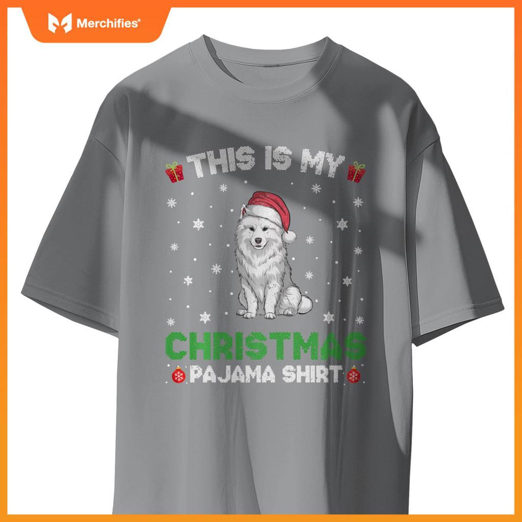 Samoyed Dog Wearing Santa Hat Matching Christmas Pajama T-Shirt
