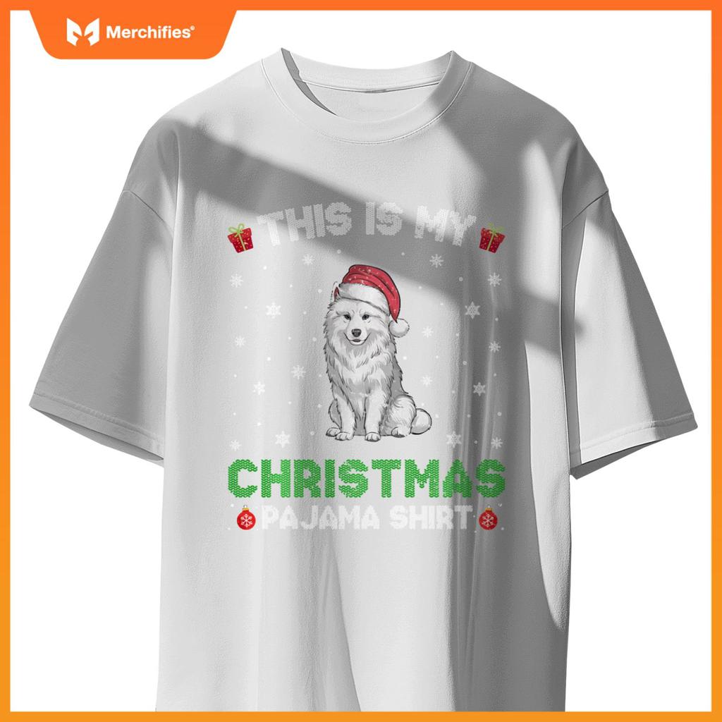 Samoyed Dog Wearing Santa Hat Matching Christmas Pajama T-Shirt