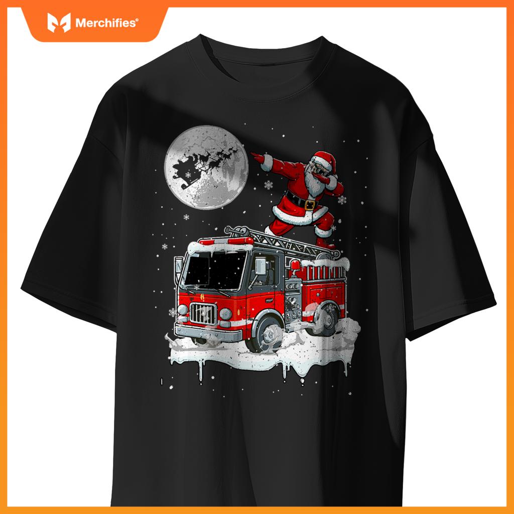 Santa Dabbing On Fire Truck Christmas Driver Lover Kids T-Shirt
