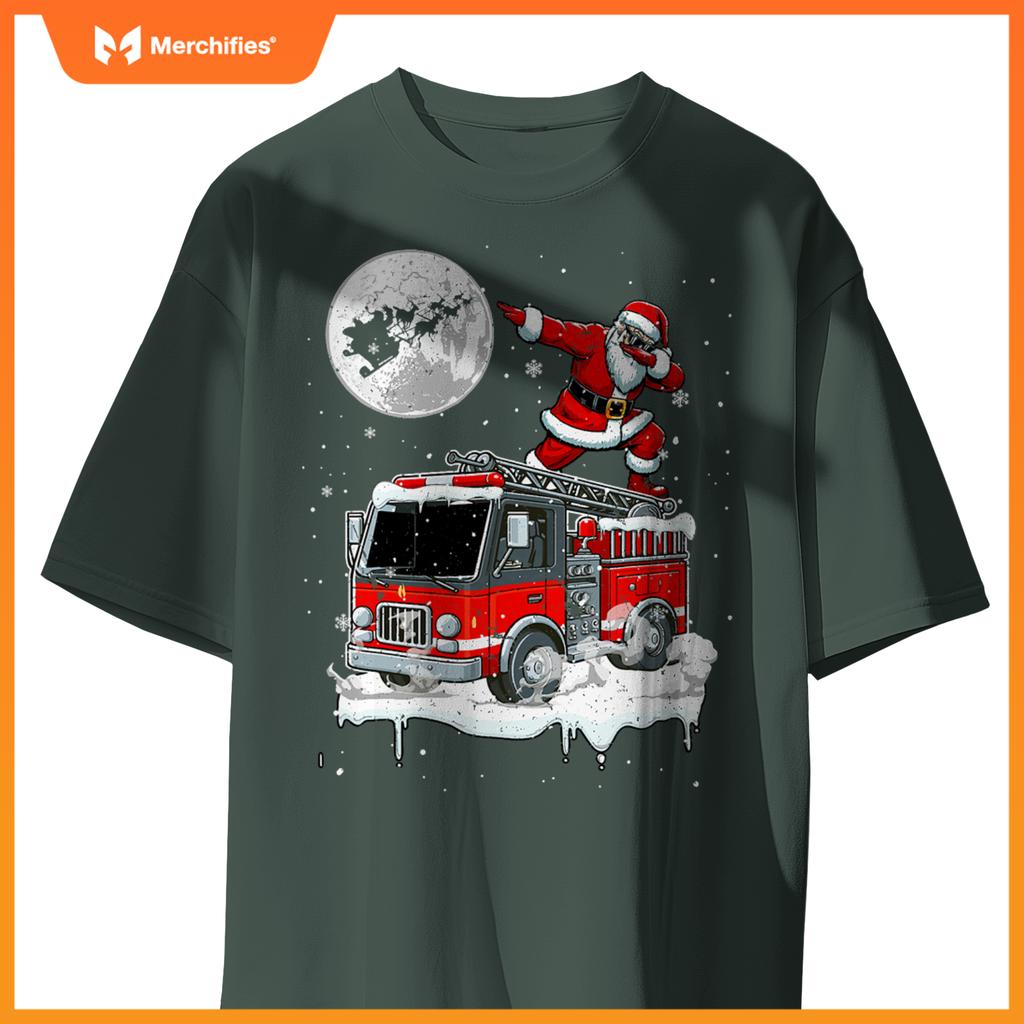 Santa Dabbing On Fire Truck Christmas Driver Lover Kids T-Shirt