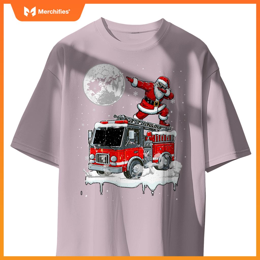 Santa Dabbing On Fire Truck Christmas Driver Lover Kids T-Shirt