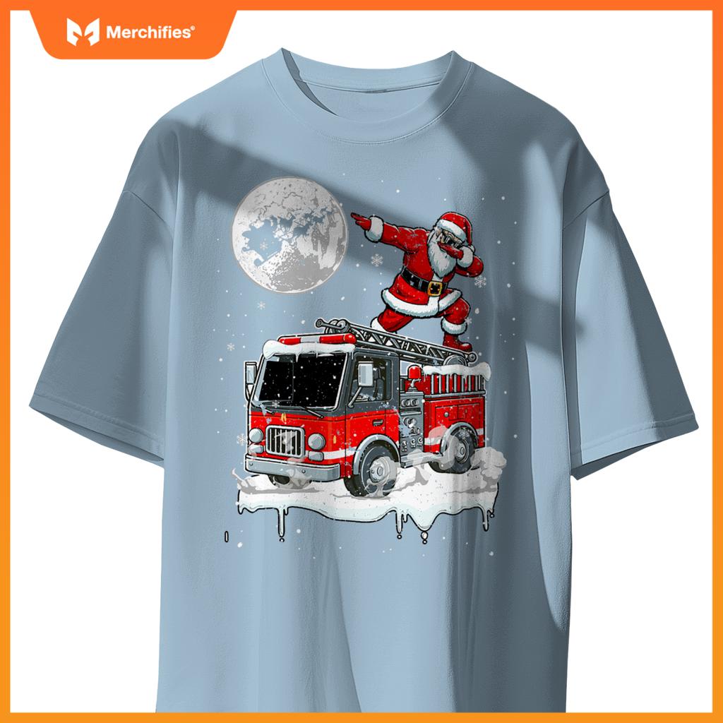 Santa Dabbing On Fire Truck Christmas Driver Lover Kids T-Shirt