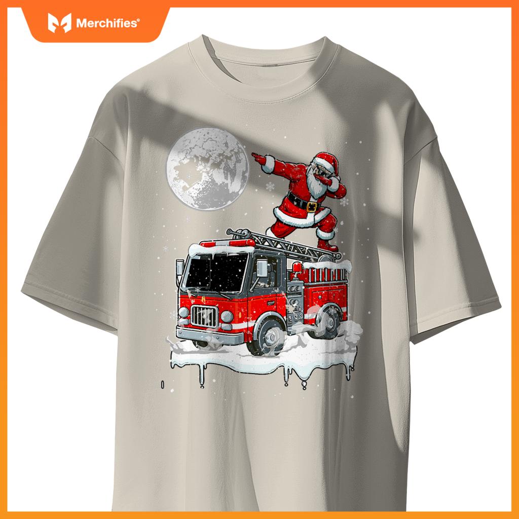 Santa Dabbing On Fire Truck Christmas Driver Lover Kids T-Shirt