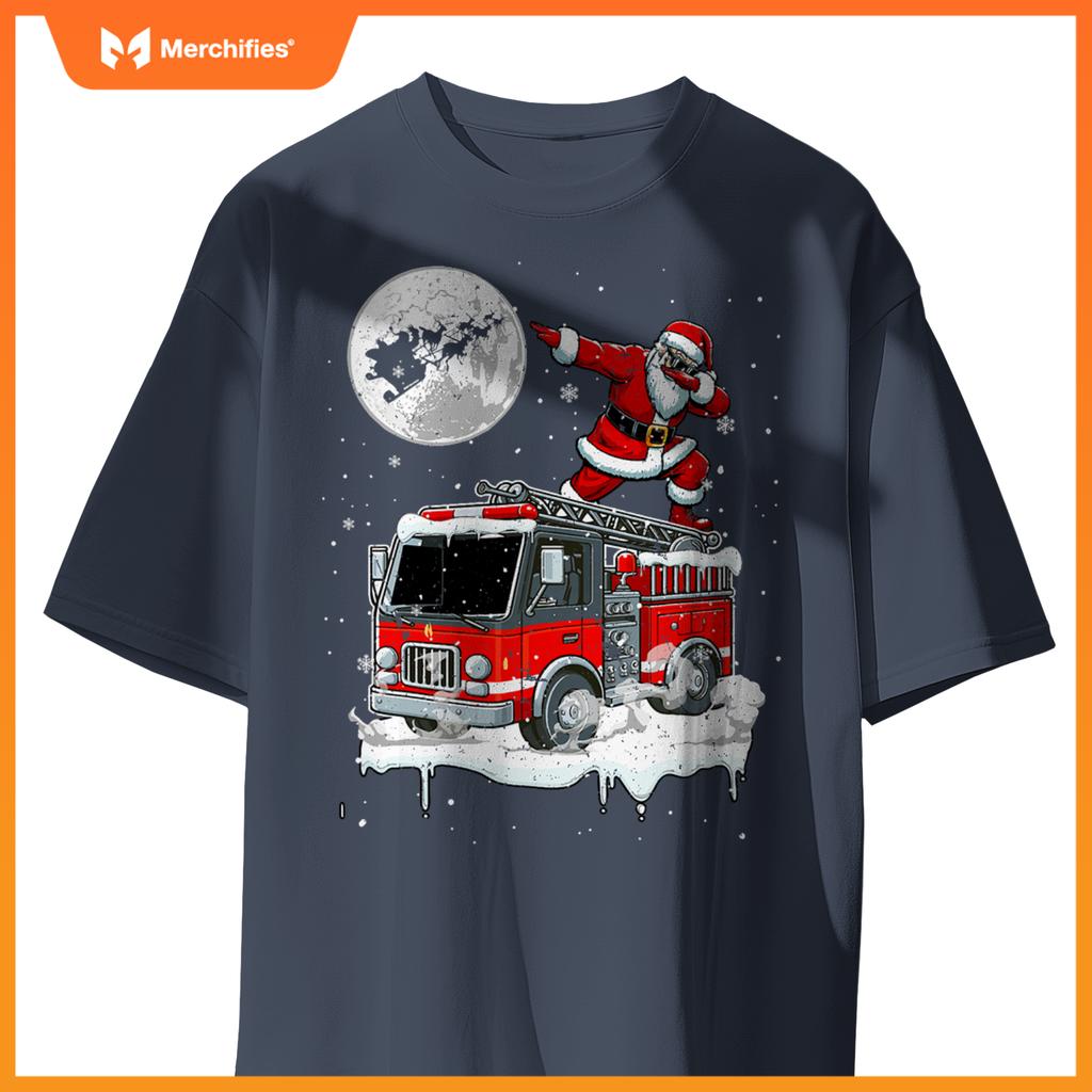 Santa Dabbing On Fire Truck Christmas Driver Lover Kids T-Shirt