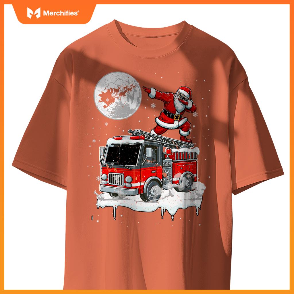 Santa Dabbing On Fire Truck Christmas Driver Lover Kids T-Shirt