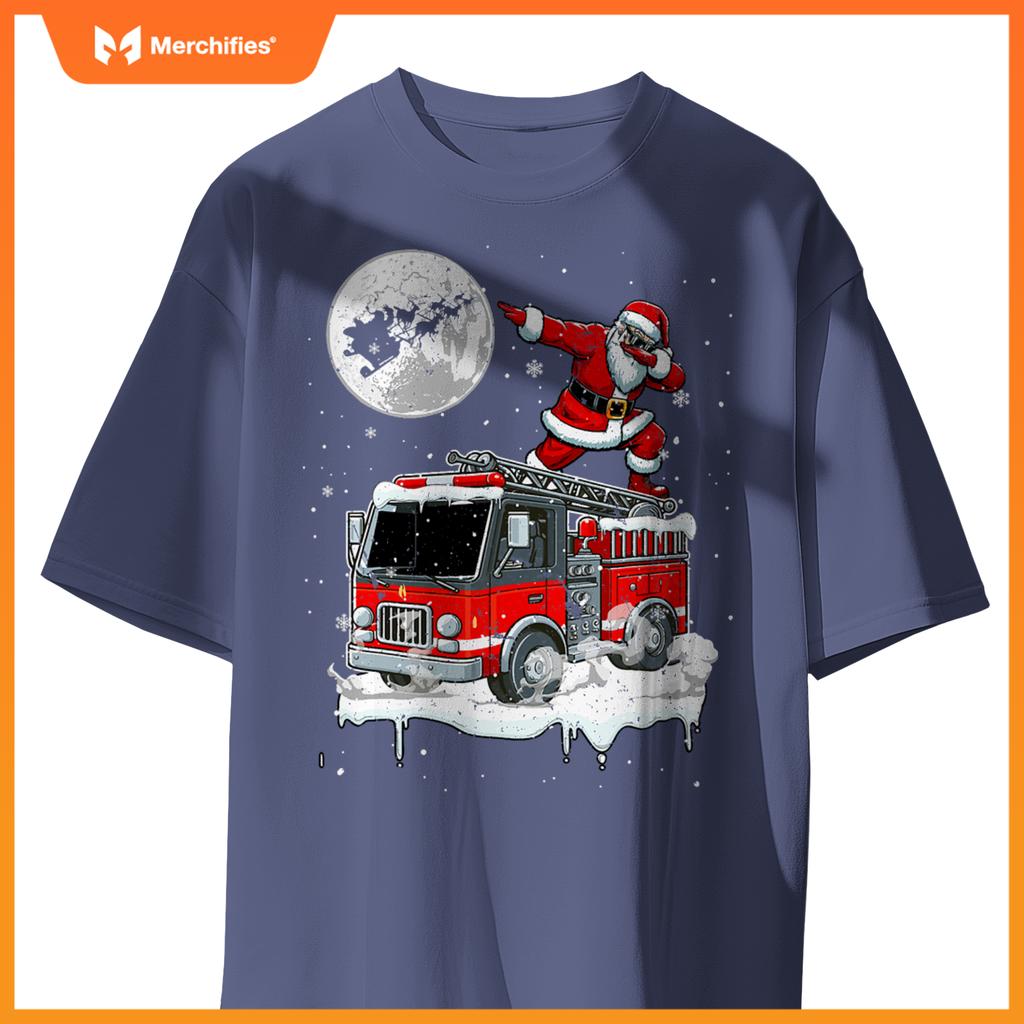 Santa Dabbing On Fire Truck Christmas Driver Lover Kids T-Shirt