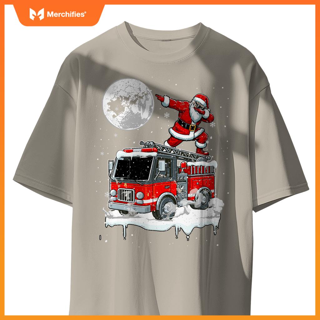 Santa Dabbing On Fire Truck Christmas Driver Lover Kids T-Shirt