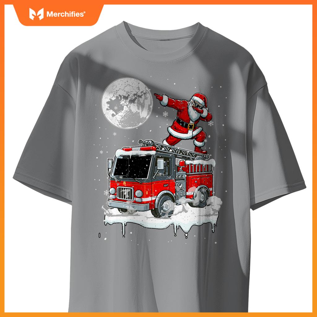 Santa Dabbing On Fire Truck Christmas Driver Lover Kids T-Shirt