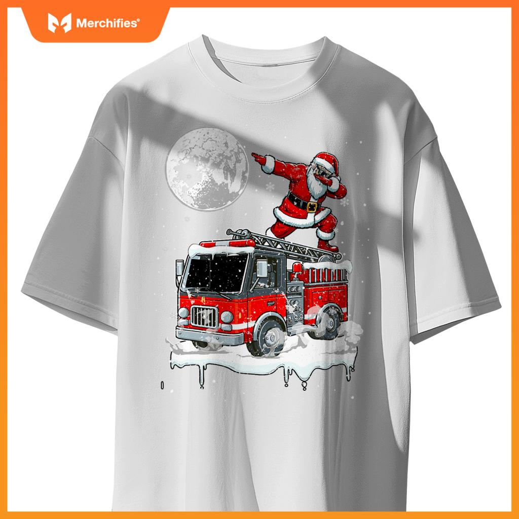 Santa Dabbing On Fire Truck Christmas Driver Lover Kids T-Shirt