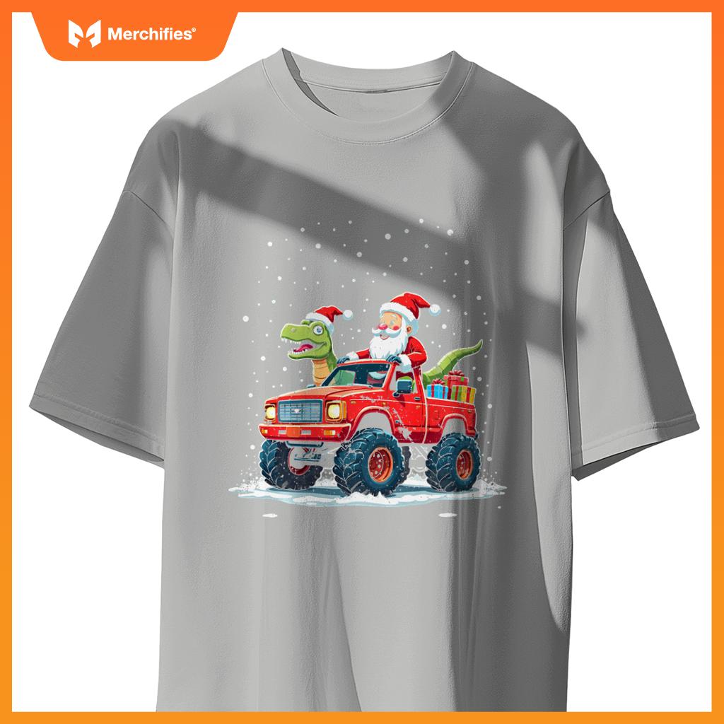 Santa Riding T-Rex Dinosaur Monster Truck Boys Christmas T-Shirt