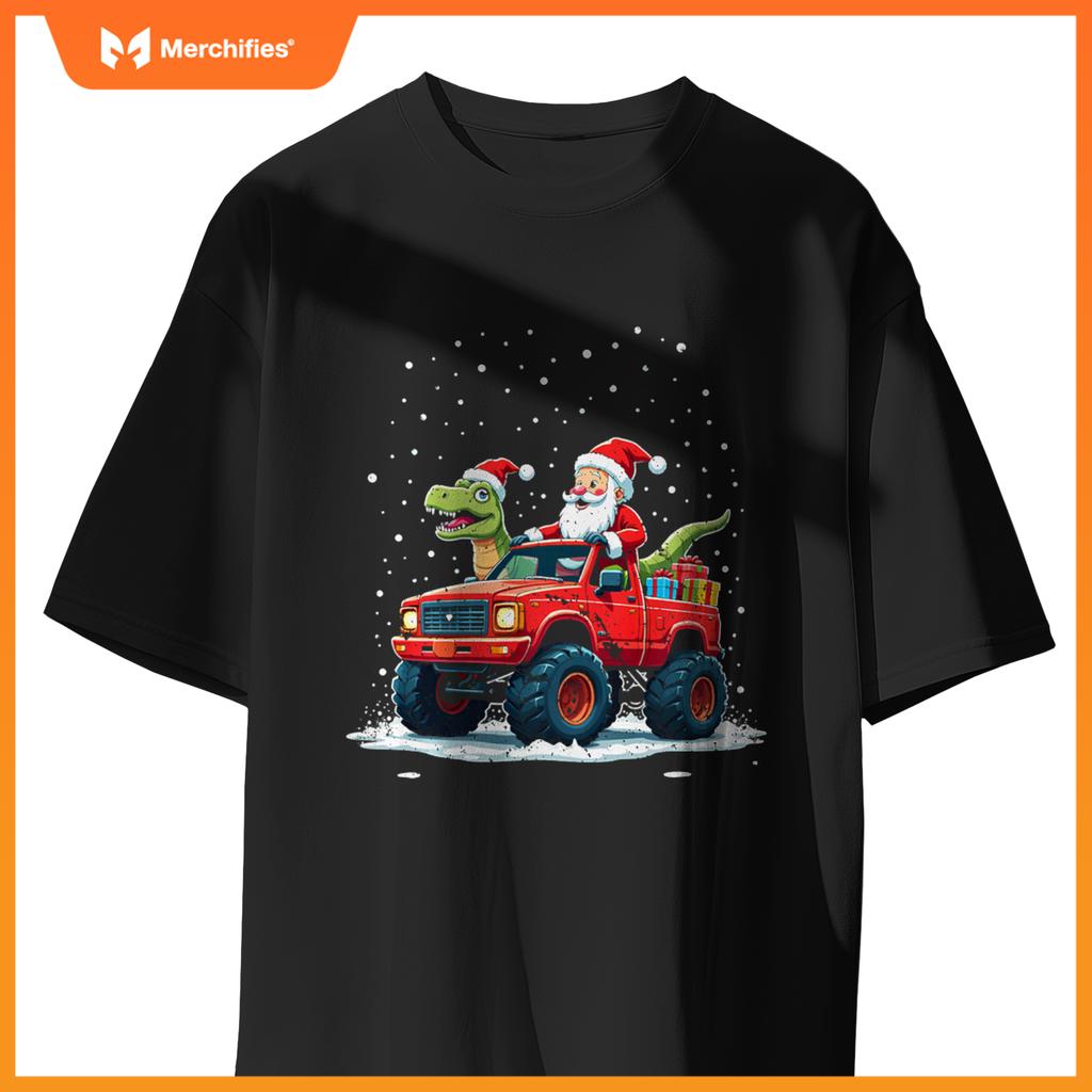 Santa Riding T-Rex Dinosaur Monster Truck Boys Christmas T-Shirt
