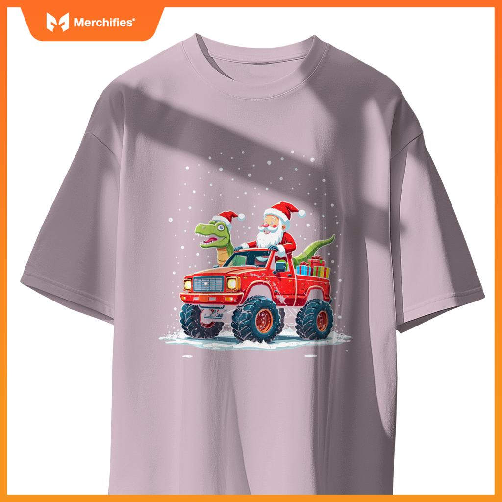Santa Riding T-Rex Dinosaur Monster Truck Boys Christmas T-Shirt