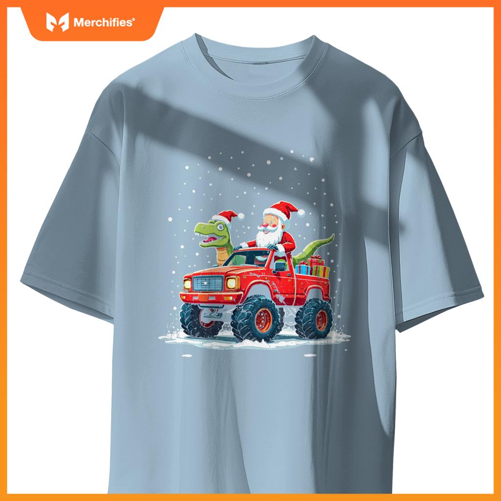 Santa Riding T-Rex Dinosaur Monster Truck Boys Christmas T-Shirt