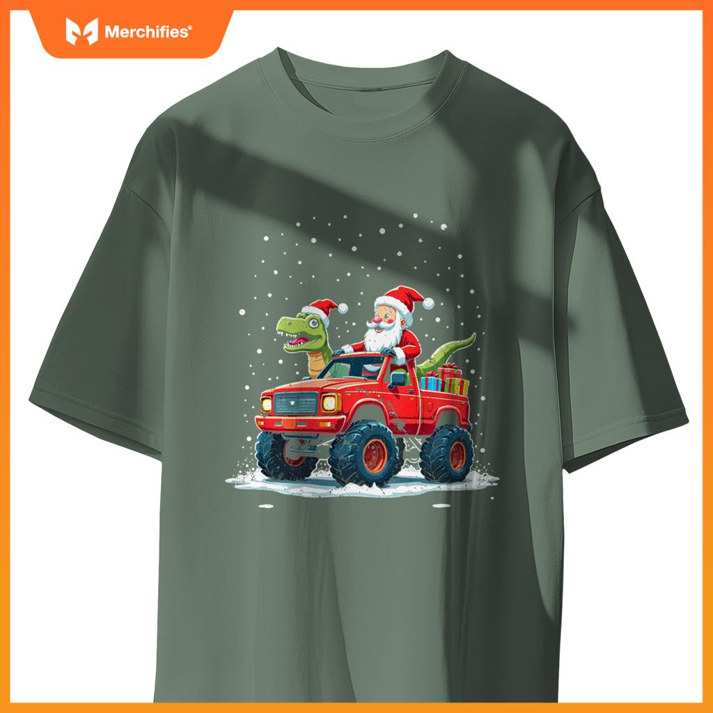 Santa Riding T-Rex Dinosaur Monster Truck Boys Christmas T-Shirt
