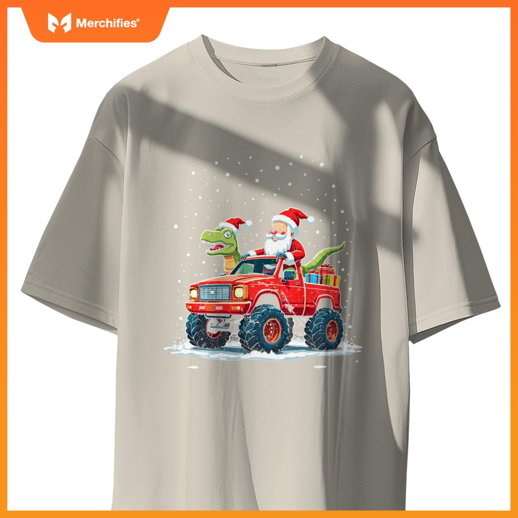 Santa Riding T-Rex Dinosaur Monster Truck Boys Christmas T-Shirt