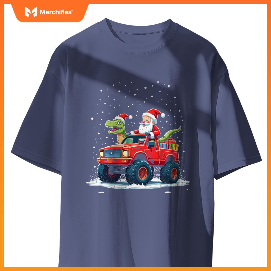 Santa Riding T-Rex Dinosaur Monster Truck Boys Christmas T-Shirt