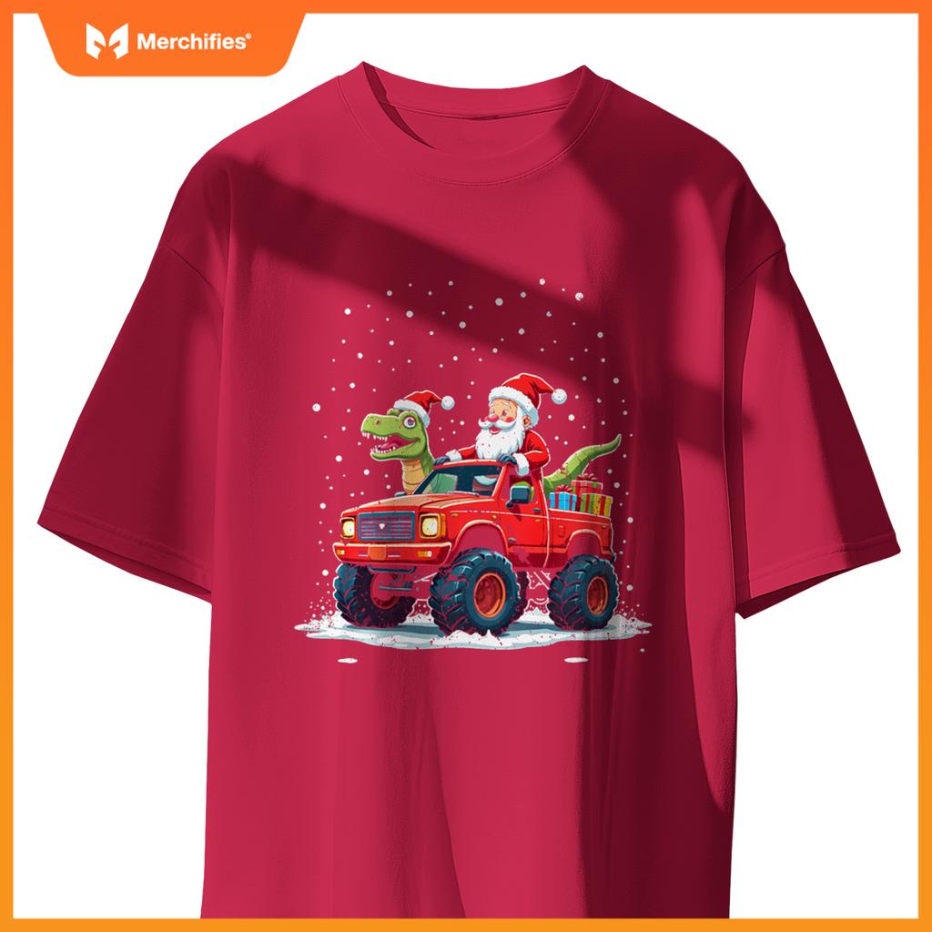 Santa Riding T-Rex Dinosaur Monster Truck Boys Christmas T-Shirt