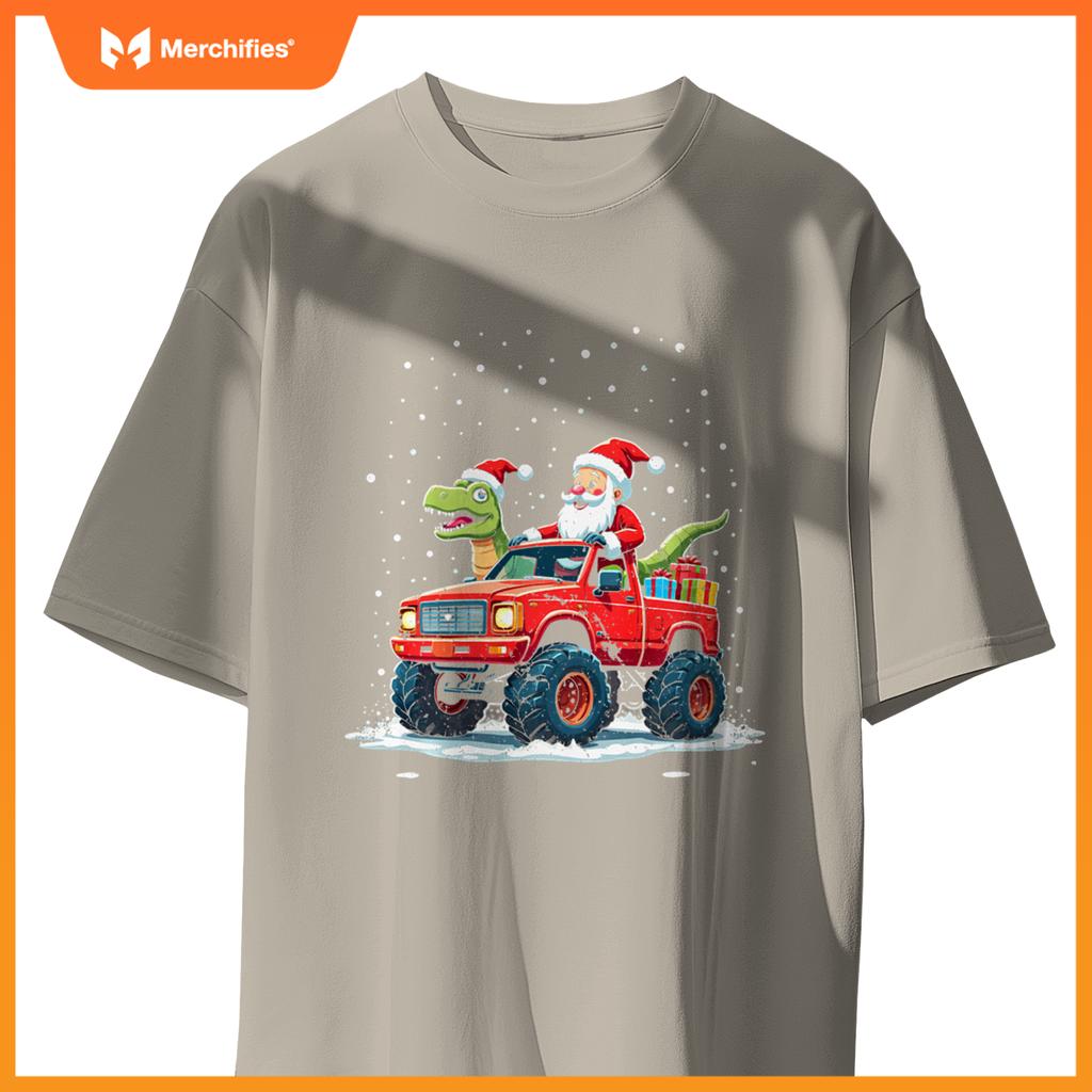 Santa Riding T-Rex Dinosaur Monster Truck Boys Christmas T-Shirt