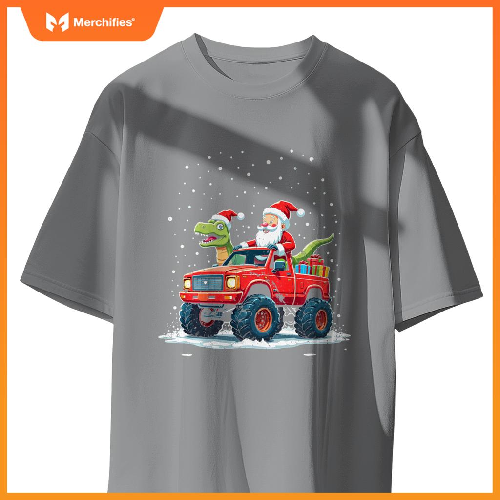 Santa Riding T-Rex Dinosaur Monster Truck Boys Christmas T-Shirt