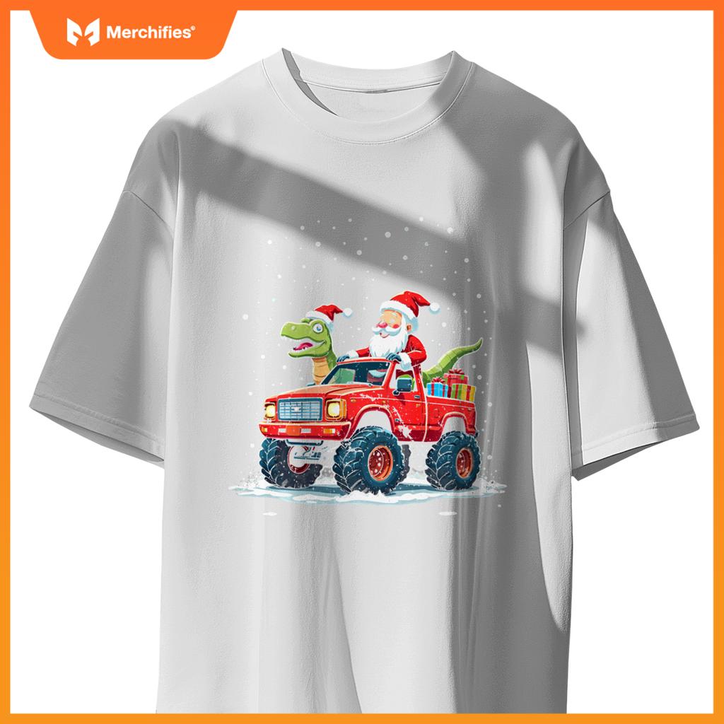Santa Riding T-Rex Dinosaur Monster Truck Boys Christmas T-Shirt