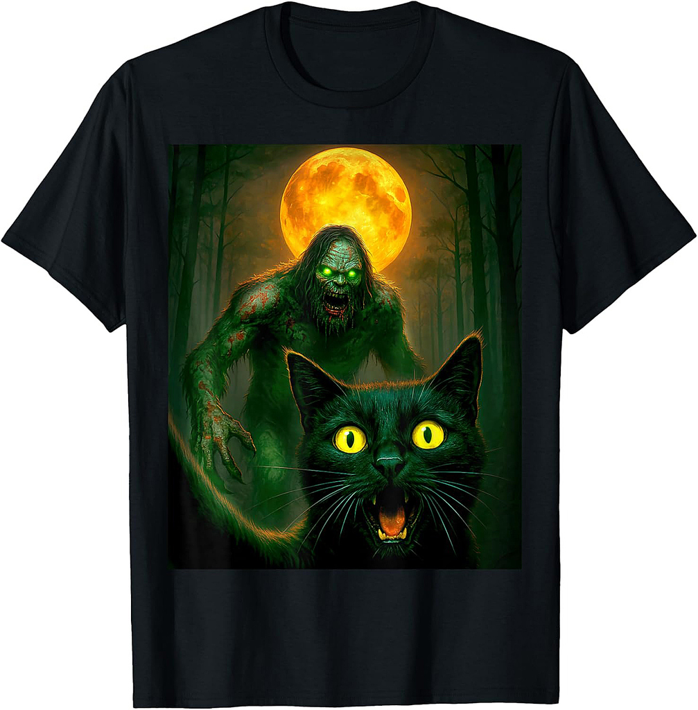 Scared Cat Selfie with Zombie Bigfoot Sasquatch Halloween T-Shirt