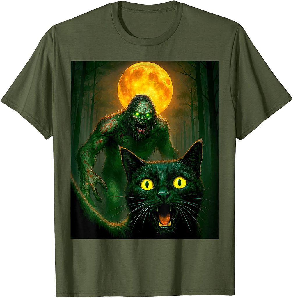 Scared Cat Selfie with Zombie Bigfoot Sasquatch Halloween T-Shirt