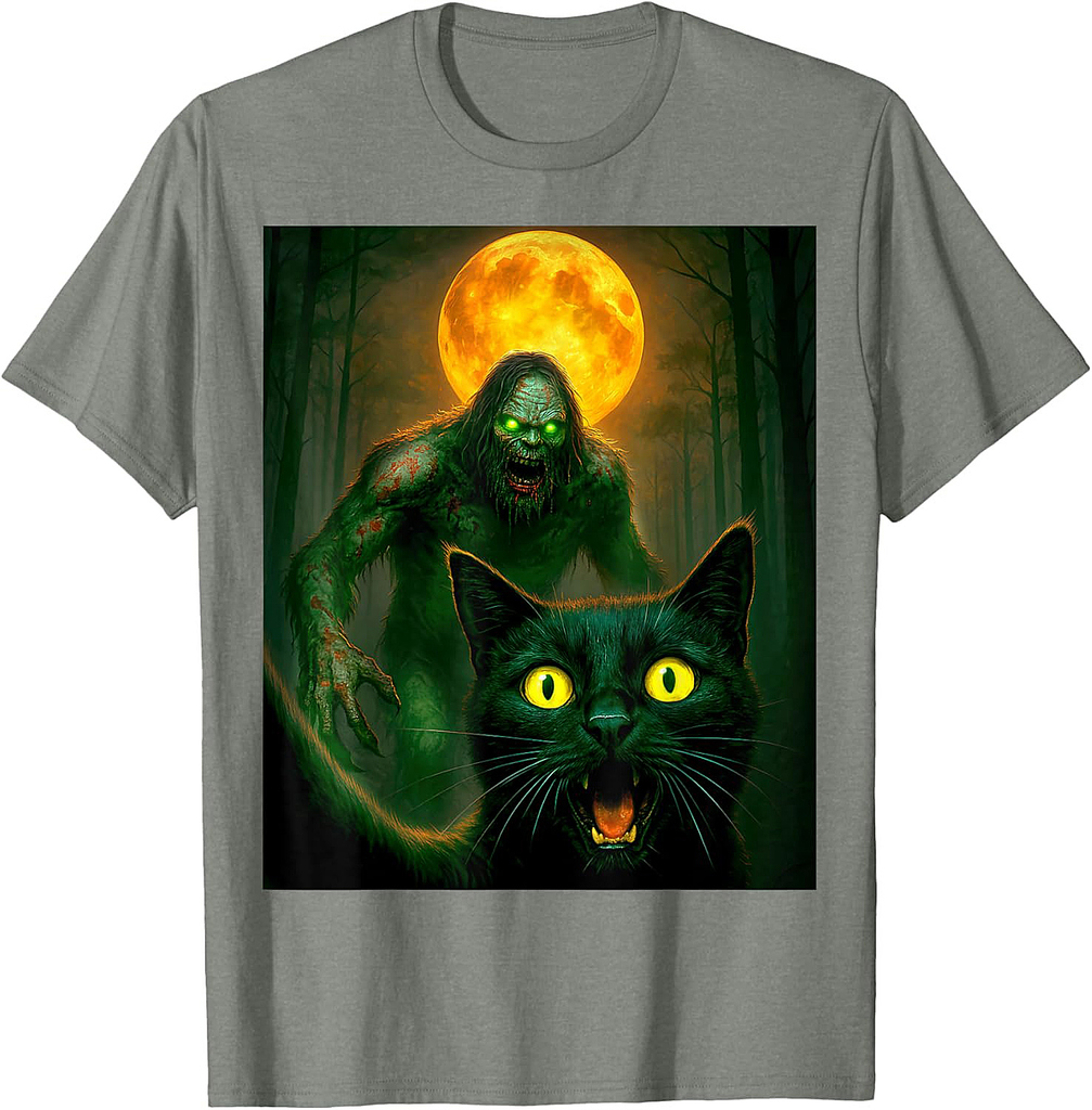 Scared Cat Selfie with Zombie Bigfoot Sasquatch Halloween T-Shirt
